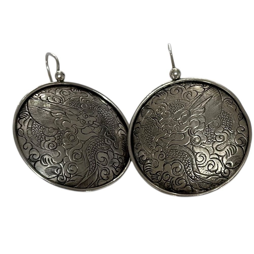 Silver-Tone Engraved Dragon Disc Drop Earrings - Picture 8 of 10